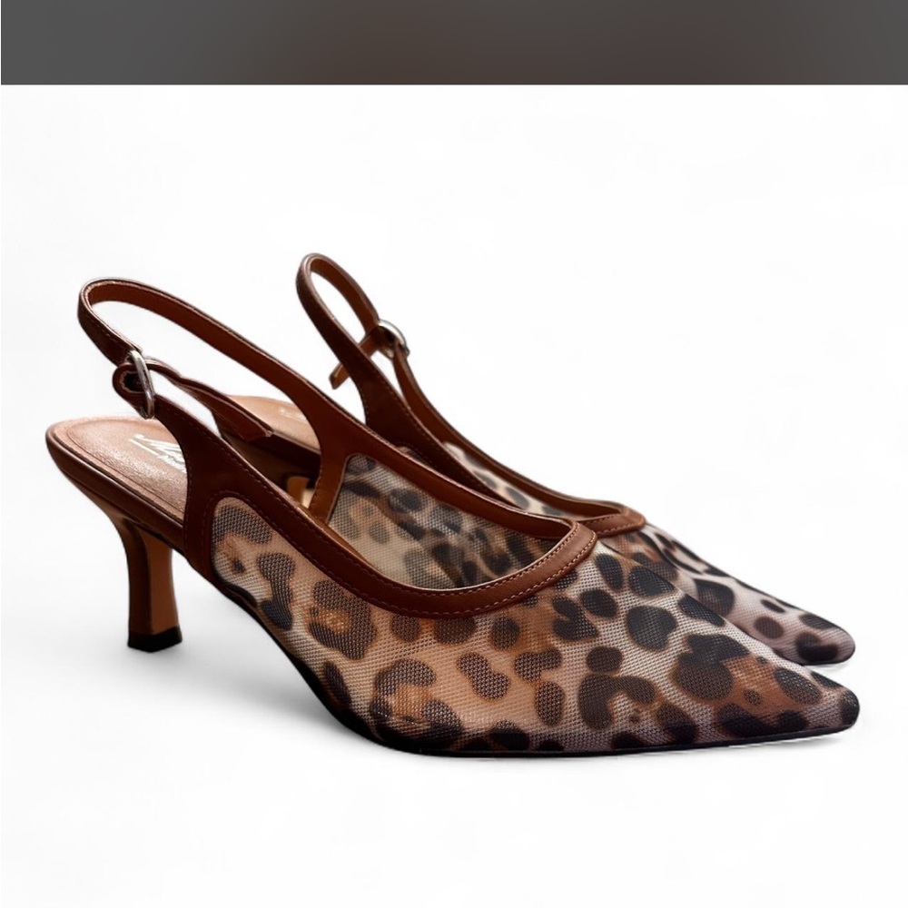 Leopard Print Pointed Slingback Kitten Heels in Brown mesh - Picture 2 of 4